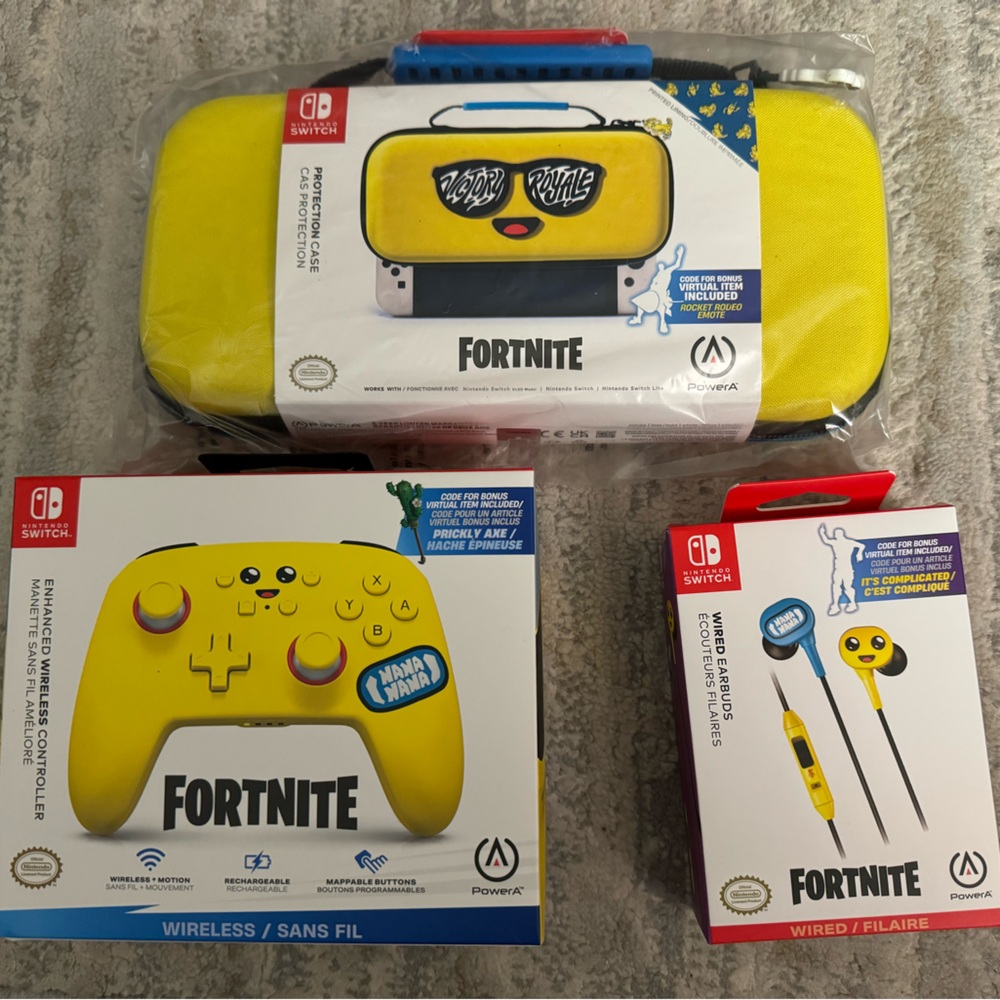 Fortnite Nintendo Switch Peely bundle. Includes controller, case, and earbuds.